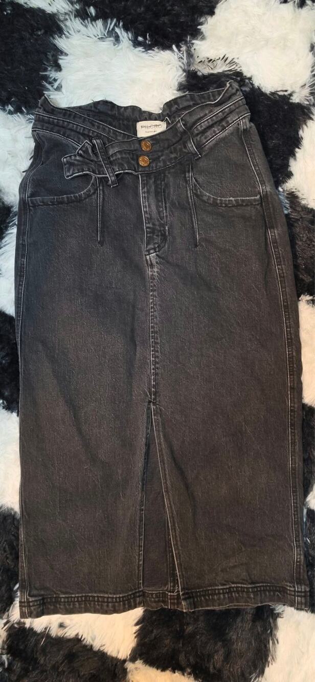 PILCRO Black High Rise Belted Paperbag Denim Midi Skirt Sz 6